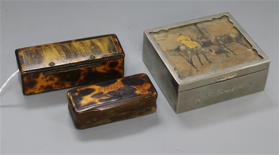 An early 19th century tortoiseshell snuff box, a similar dice box and, silver plated cigarette box largest 9.5 x 8.5cm